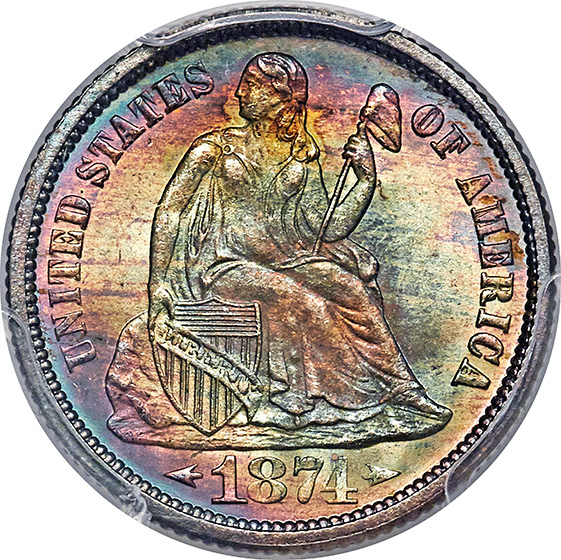 Picture of 1874 LIBERTY SEATED 10C MS67+