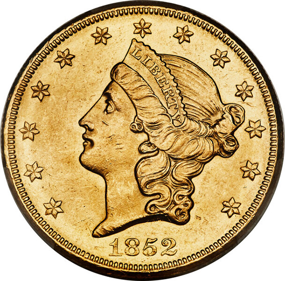 1852-O LIBERTY HEAD $20 MS61