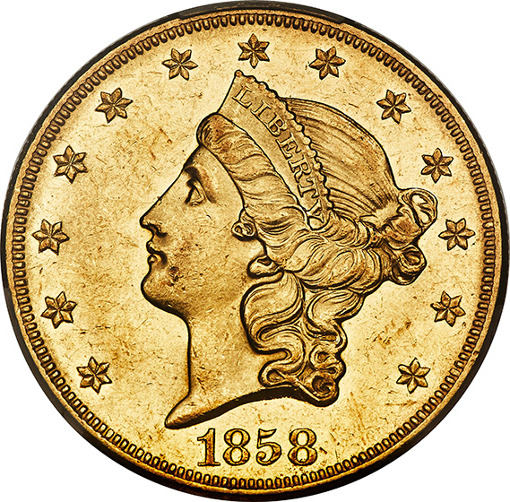 1858-O LIBERTY HEAD $20 MS61