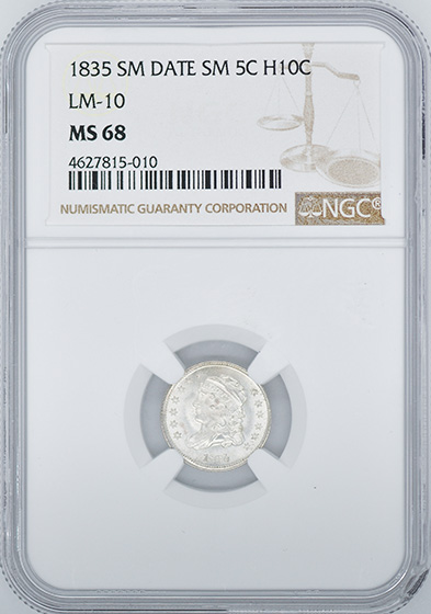 Picture of 1835 CAPPED BUST H10C, SMALL DATE, SMALL 5C MS68 