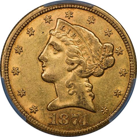 1874-CC LIBERTY $5 MS58+