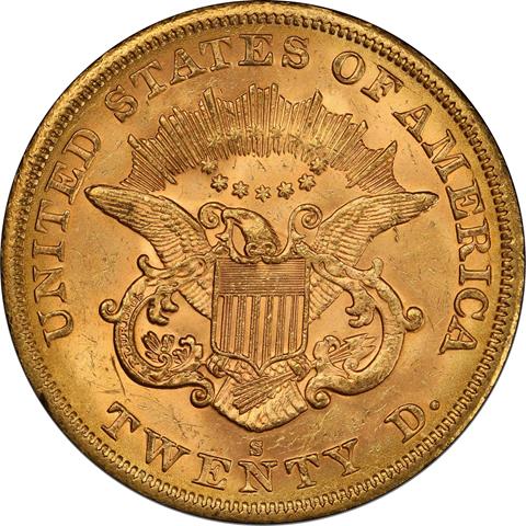 1864-S LIBERTY HEAD $20 MS62+