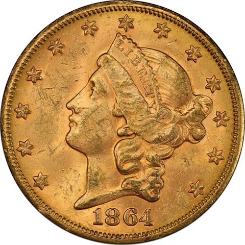 1864-S LIBERTY HEAD $20 MS62+