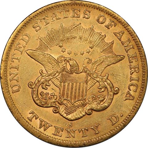 1866-S LIBERTY HEAD $20 MS58