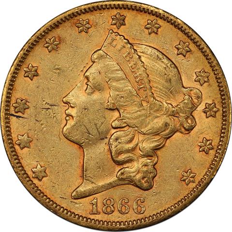 1866-S LIBERTY HEAD $20 MS58
