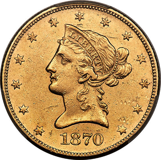 1870-CC LIBERTY HEAD $10 MS53