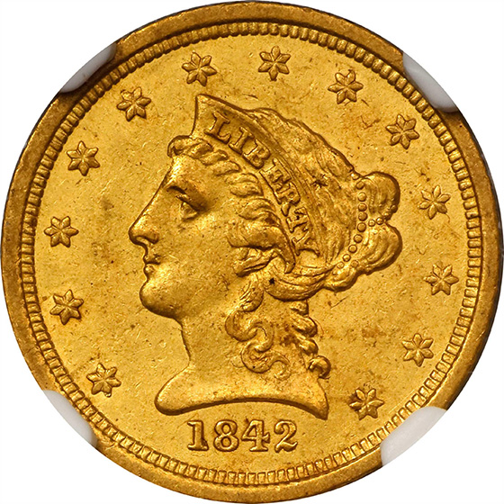 1842-D LIBERTY HEAD $2.5 MS58