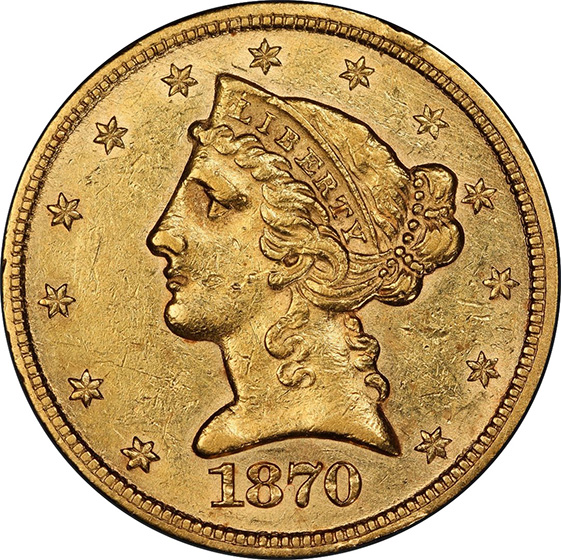 1870-CC LIBERTY $5 MS55