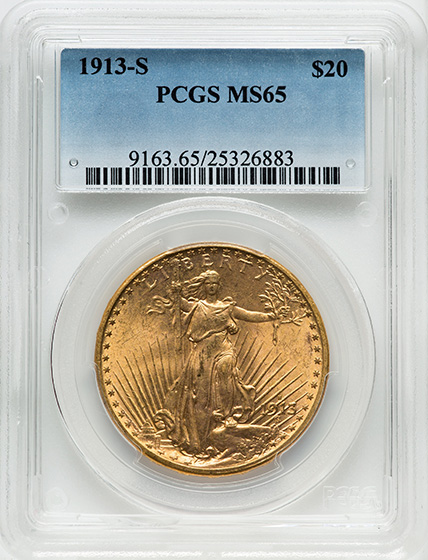 Picture of 1913-S ST. GAUDENS $20 MS65