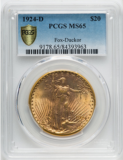 Picture of 1924-D ST. GAUDENS $20 MS65