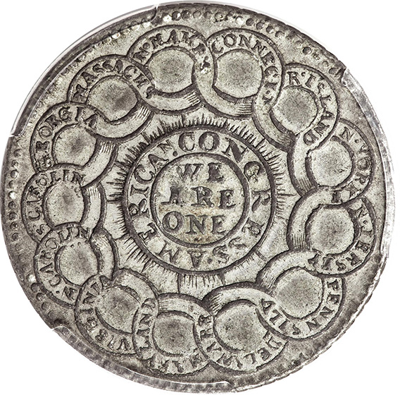 1776 CURRENCY, PEWTER $1 MS58