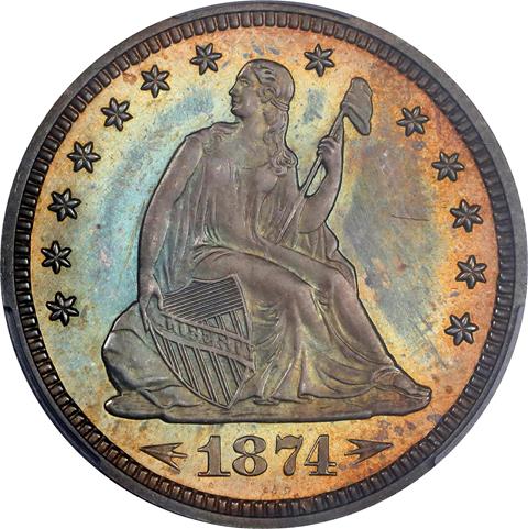 1874 LIBERTY SEATED 25C PR66+