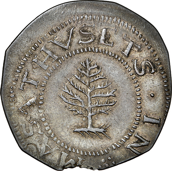 Picture of 1652 PINE TREE SHILLING, PINE TR, LG PL, PELLETS MS65  Picture of 1652 PINE TREE SHILLING, PINE TR, LG PL, PELLETS MS65