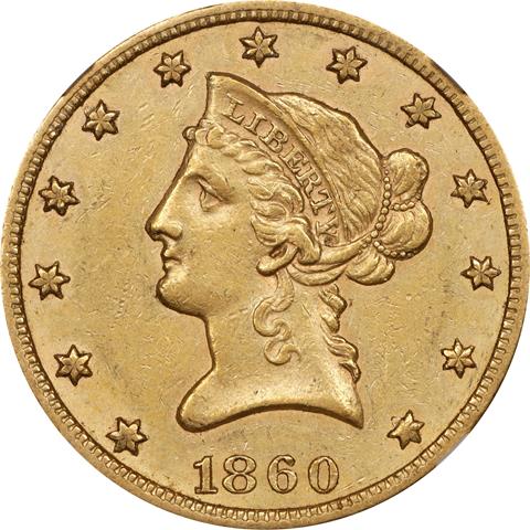 1860-S LIBERTY HEAD $10 MS55