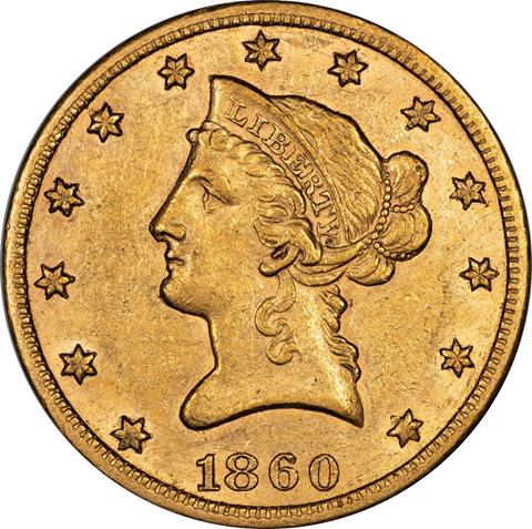 1860-S LIBERTY HEAD $10 MS55