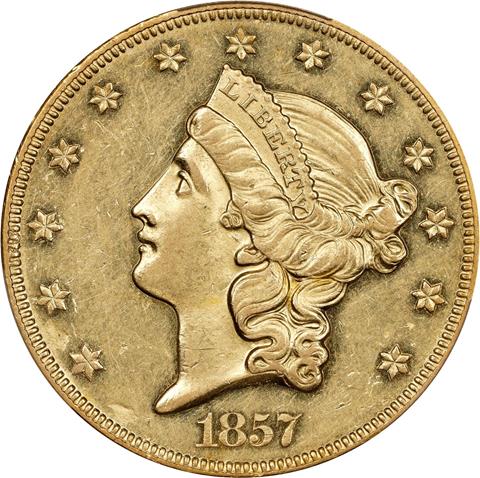 1857-O LIBERTY HEAD $20 MS58