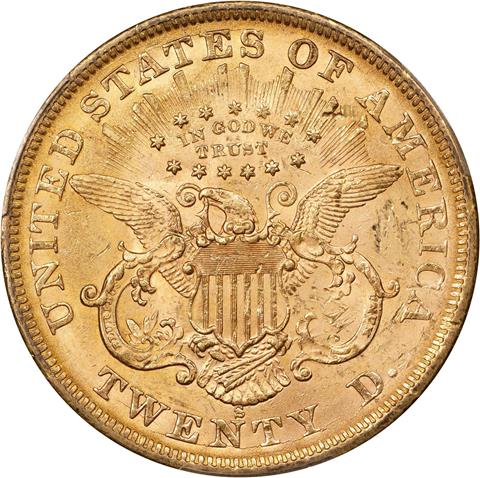 1867-S LIBERTY HEAD $20 MS62