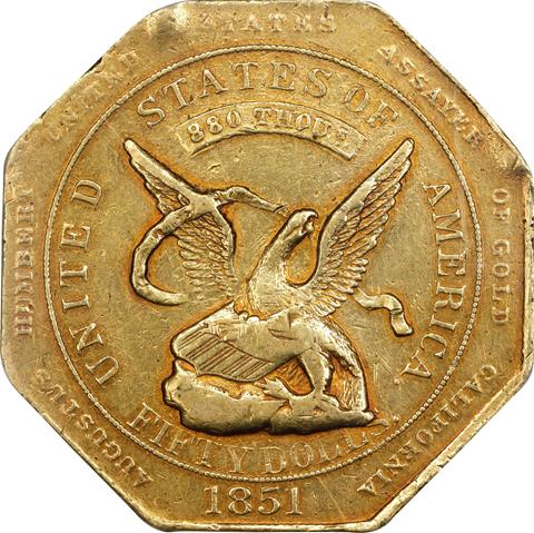 1851 TERRITORIAL - CALIFORNIA GOLD $50 RE MS55