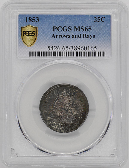 Picture of 1853 LIBERTY SEATED 25C, ARROWS AND RAYS MS65 