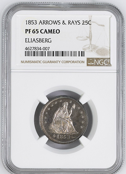 Picture of 1853 LIBERTY SEATED 25C, ARROWS AND RAYS PR65 Cameo
