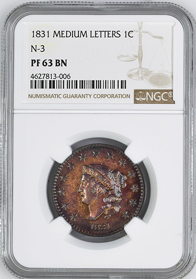 Picture of 1831 CORONET HEAD 1C PR63 Brown