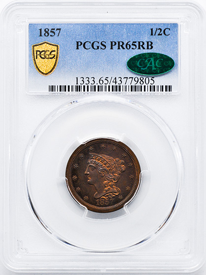 Picture of 1857 BRAIDED HAIR 1/2C PR65 Red Brown
