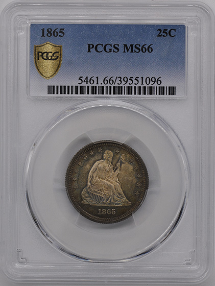Picture of 1865 LIBERTY SEATED 25C, NO MOTTO MS66 