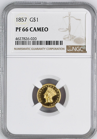 Picture of 1857 GOLD G$1, TYPE 3 PR66 Cameo