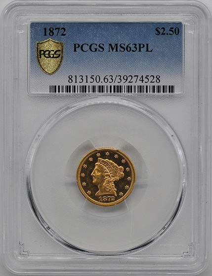 Picture of 1872 LIBERTY HEAD $2.5 MS63 Proof Like