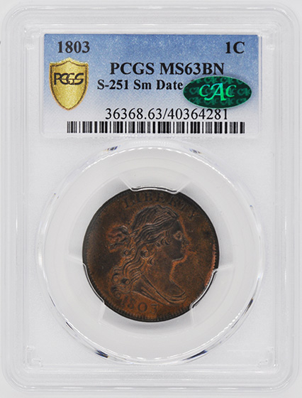 Picture of 1803 DRAPED BUST 1C, SMALL DATE, SM FRAC MS63 Brown