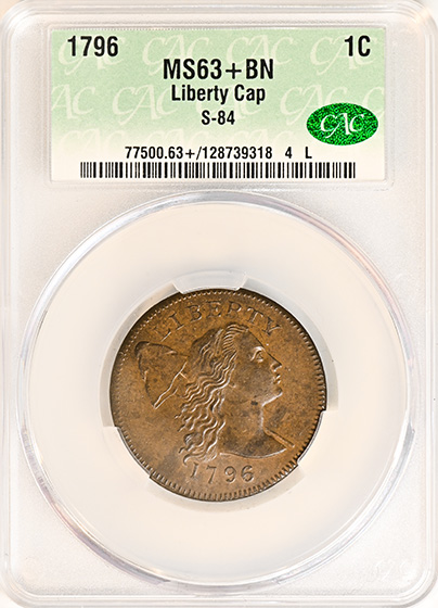 Picture of 1796 FLOWING HAIR LARGE 1C, LIBERTY CAP MS63+ Brown