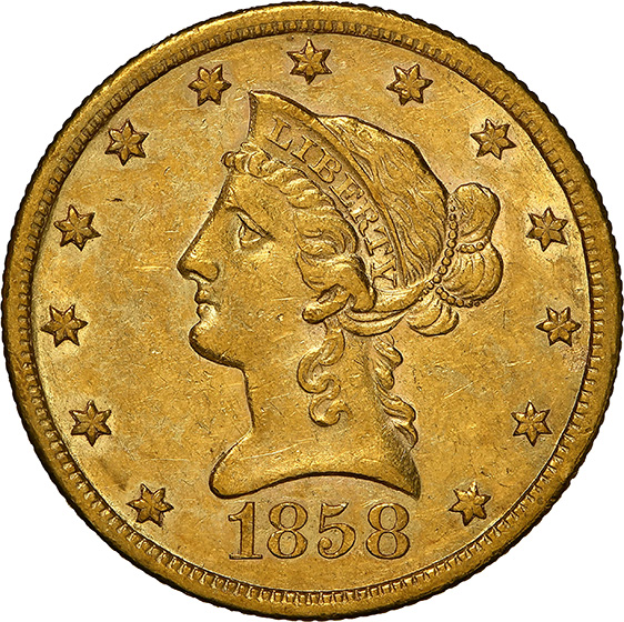 Picture of 1858-S LIBERTY HEAD $10 AU58 