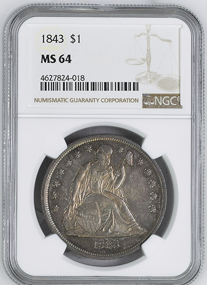 Picture of 1843 LIBERTY SEATED S$1, NO MOTTO MS64 