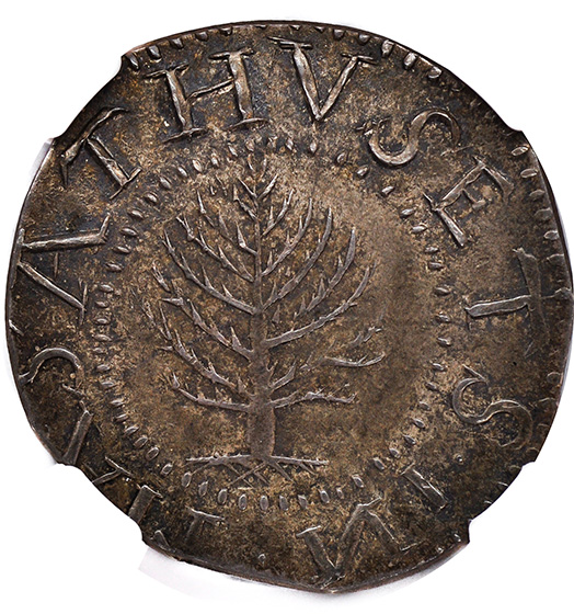 Picture of 1652 PINE TREE SHILLING, LARGE PL, REVERSED N MS65 