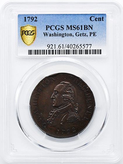 Picture of 1792 WASH GETZ, SM EAGLE CENT MS61 Brown