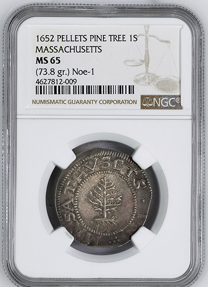 Picture of 1652 PINE TREE SHILLING, PINE TR, LG PL, PELLETS MS65 