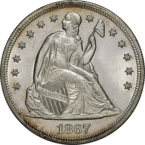 Picture of 1867 LIBERTY SEATED S$1, MOTTO MS65  Picture of 1867 LIBERTY SEATED S$1, MOTTO MS65
