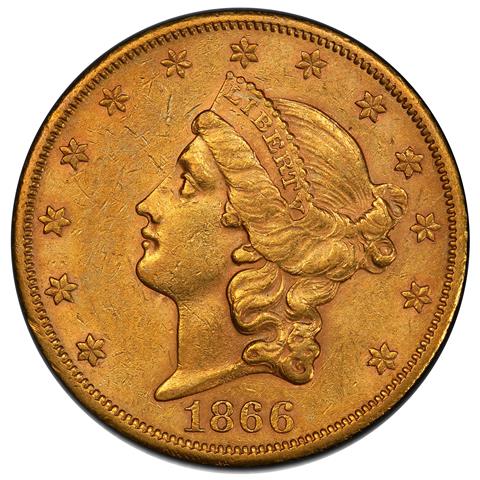 Picture of 1866-S LIBERTY HEAD $20, NO MOTTO AU58 