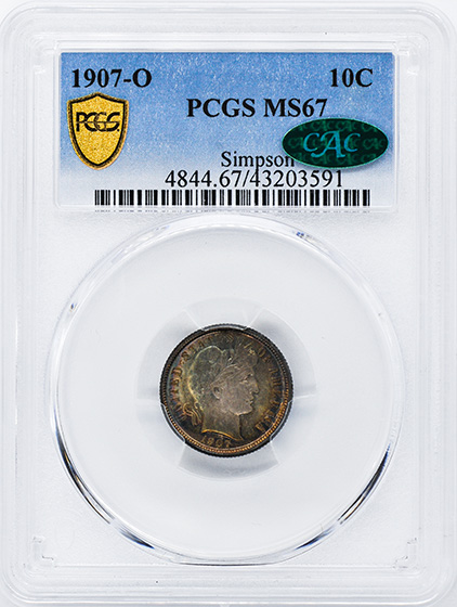 Picture of 1907-O BARBER 10C MS67 