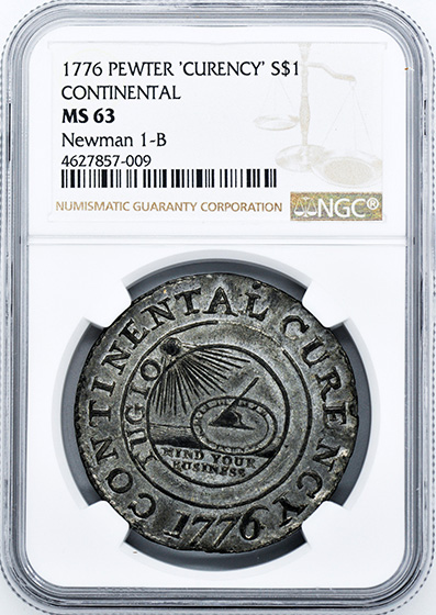 Picture of 1776 CONTINENTAL $1, CURENCY, PEWTER MS63 