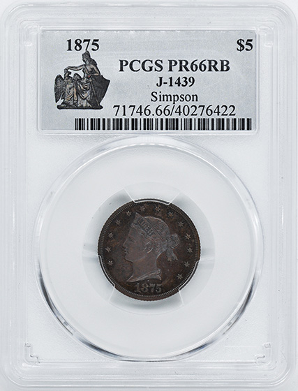 Picture of 1875 SAILOR HEAD $5 J-1439 PR66 Red Brown