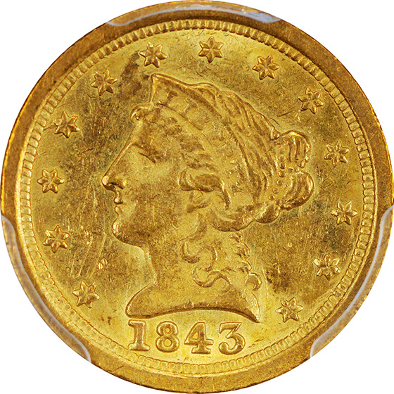 Picture of 1843-O LIBERTY HEAD $2.5, LARGE DATE MS62 