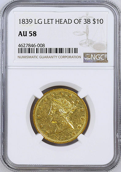 Picture of 1839/8 LIBERTY HEAD $10, TYPE OF 1838 AU58 
