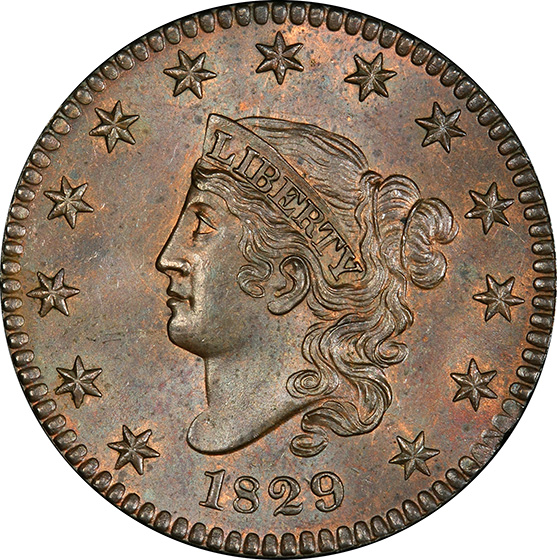 Picture of 1829 CORONET HEAD 1C, LARGE LETTERS MS66 Brown