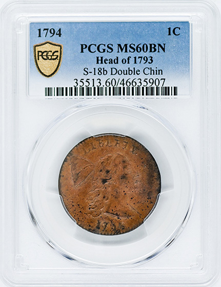 Picture of 1794 LIBERTY CAP 1C, HEAD OF 1793, DENT. BORDER MS60 Brown