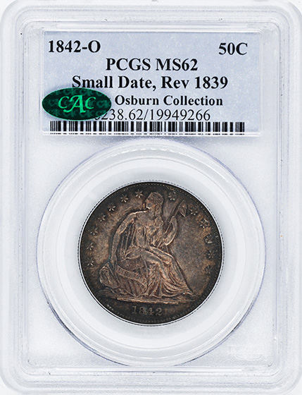 Picture of 1842-O LIBERTY SEATED 50C, SMALL DATE, REV 1839 MS62 