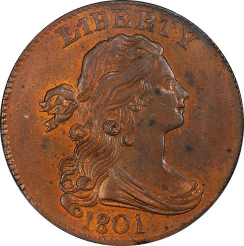 Picture of 1801 DRAPED BUST 1C, 100/000 MS63+ Red Brown