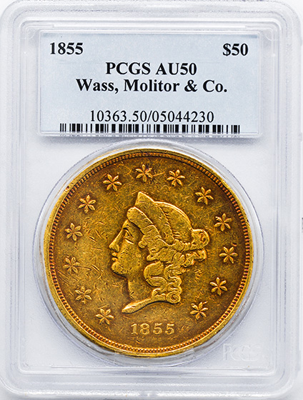 Picture of 1855 WASS, MOLITOR & CO. $50 GOLD, WASS, MOLITOR & CO. AU50 