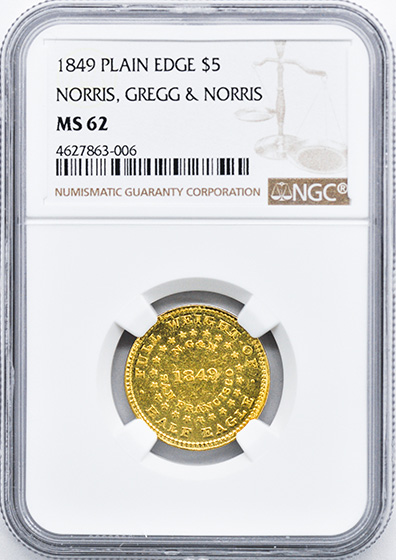Picture of 1849 PLAIN EDGE NORRIS GN $5 MS62 