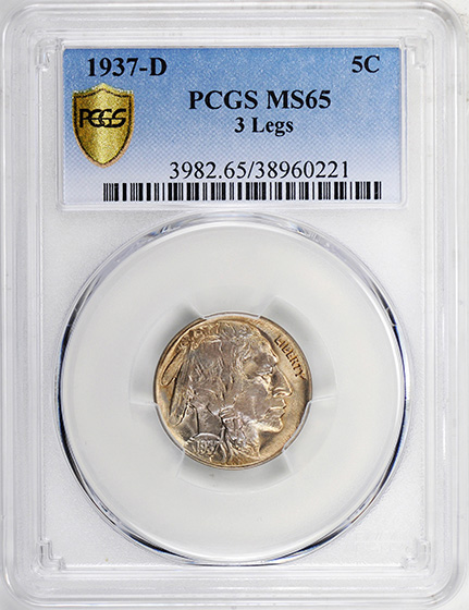 Picture of 1937-D BUFFALO 5C, 3 LEGS MS65 